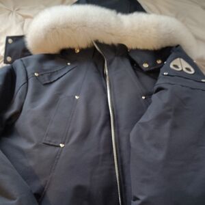 Moose Knuckles Men’s Black Parka with White Fur Hood Trim